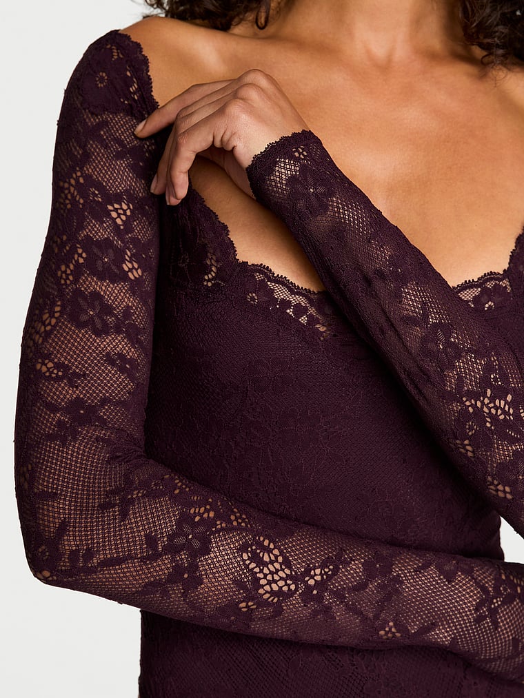 Victoria's Secret, Dream Angels Lace Long-Sleeve Bodysuit, Winter Wine, detail, 3 of 5 Nikita is 5'10" or 178cm and wears 34B or Small