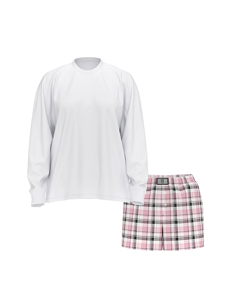 Victoria's Secret, Victoria's Secret Flannel Long-Sleeve Short Tee-Jama Set, Coconut White/Black Gold Lurex Stripe Yd, offModelFront, 4 of 4