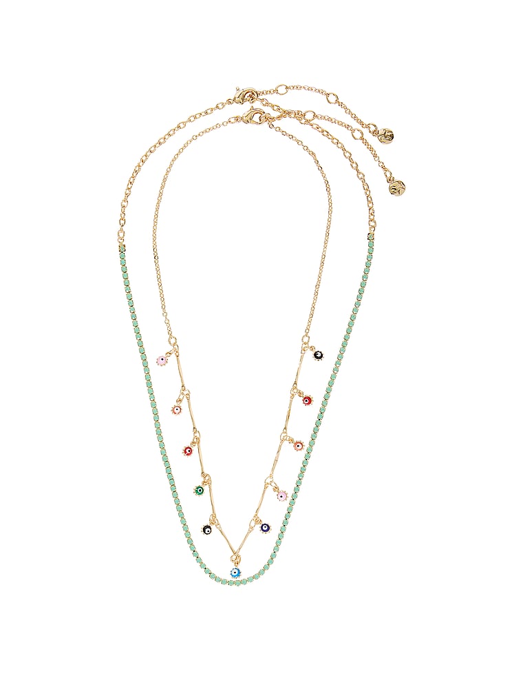 PINK Gold 2-Piece Multi-Stone Layered Necklace Set, Shiny Gold, offModelBack, 3 of 4