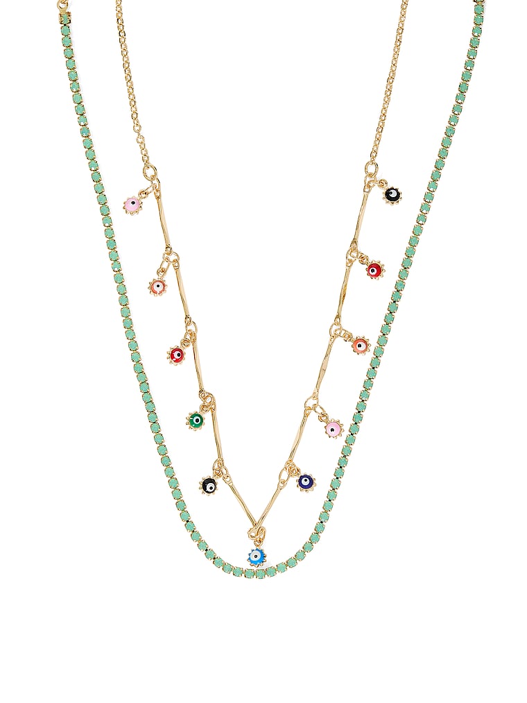 PINK Gold 2-Piece Multi-Stone Layered Necklace Set, Shiny Gold, detail, 4 of 4