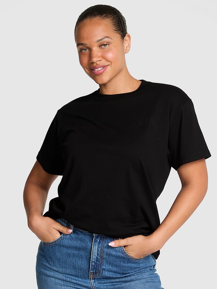 PINK Campus Cotton™ Bling Tee, Pure Black, onModelFront, 1 of 3