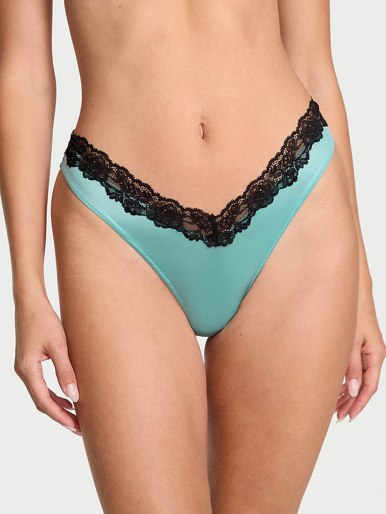 Victoria's Secret, Very Sexy Lace-Trim High-Leg Thong Panty, Dusty Turquoise, onModelFront, 3 of 4 Ari is 5'9" or 175cm and wears Small