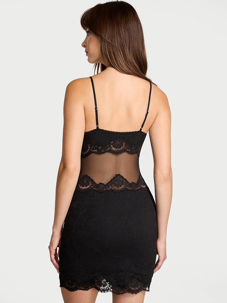 Victoria's Secret, Dream Angels Sheer & Lace Slip Dress, Black, onModelBack, 2 of 4 Ari is 5'9" or 175cm and wears Small