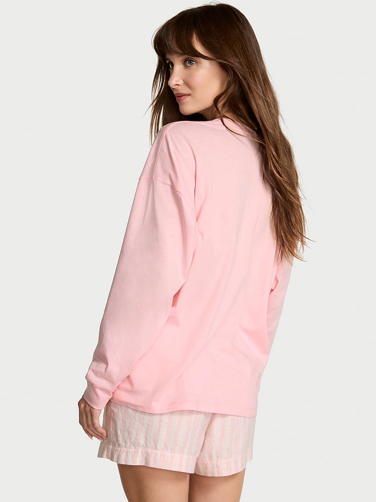 Victoria's Secret, Victoria's Secret Flannel Long-Sleeve Short Tee-Jama Set, Core Lurex Stripe Coconut White/Pretty Blossom Yd, offModelBack, 2 of 5 Ari is 5'9" and wears S/Regular