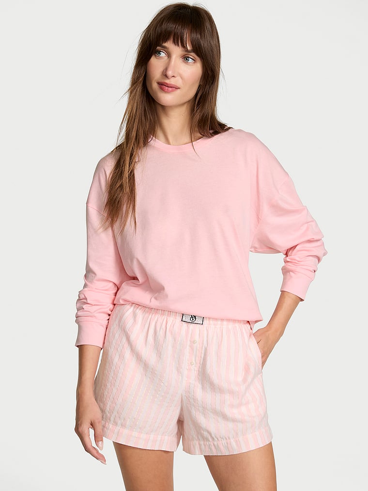 Victoria's Secret, Victoria's Secret Flannel Long-Sleeve Short Tee-Jama Set, Core Lurex Stripe Coconut White/Pretty Blossom Yd, onModelFront, 1 of 5 Ari is 5'9" and wears S/Regular
