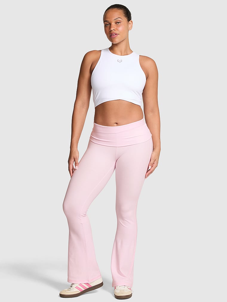 PINK All-Day Cotton Foldover Flare Leggings, Pink Tulip Soft Modal, onModelBack, 3 of 4