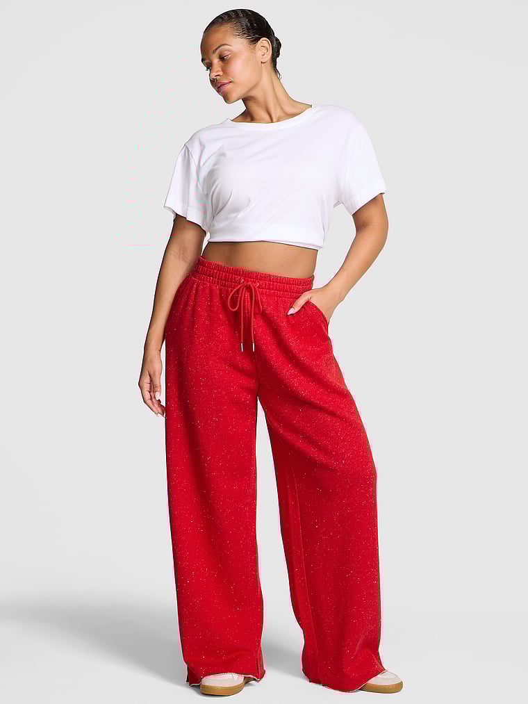 PINK Ivy Fleece Wide-Leg Split-Hem Sweatpants, Heathered Bright Vermillion Woven Shine, onModelFront, 1 of 2