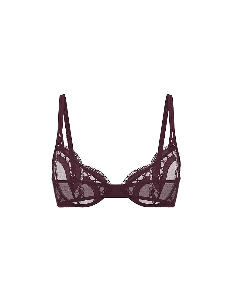 Victoria's Secret, Very Sexy Laces Out Embroidery Unlined Demi Bra, Winter Wine, offModelFront, 4 of 6