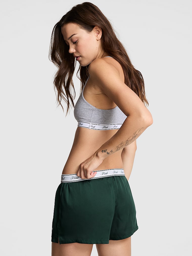 PINK Flannel Boxy Pajama Shorts, Deep Forest Dog Logo, onModelSide, 2 of 4 Sofia is 5'10" or 178cm and wears Small