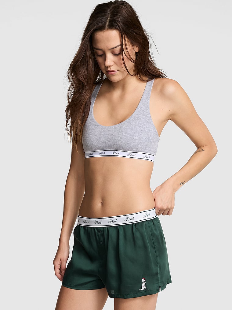 PINK Flannel Boxy Pajama Shorts, Deep Forest Dog Logo, onModelFront, 1 of 4 Sofia is 5'10" or 178cm and wears Small