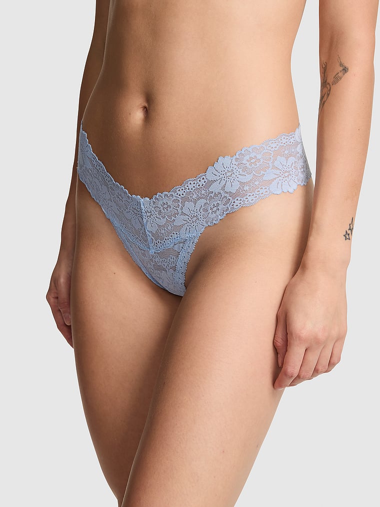 PINK Wink Lace Thong Panty, Icy Blue, onModelFront, 1 of 2 Sofia is 5'10" or 178cm and wears Small
