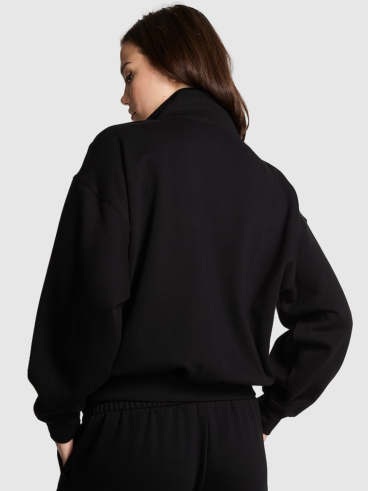 PINK Ivy Fleece Quarter-Zip Sweatshirt, Pure Black Holiday, onModelBack, 2 of 4 Sofia is 5'10" or 178cm and wears Small