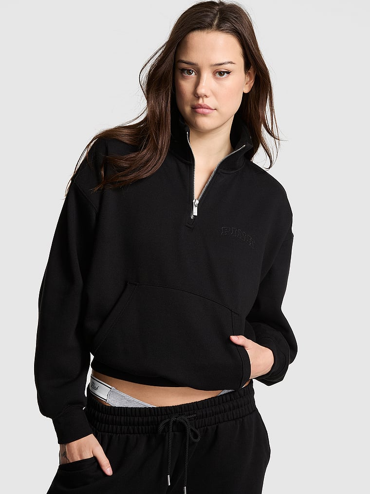 PINK Ivy Fleece Quarter-Zip Sweatshirt, Pure Black Holiday, onModelFront, 1 of 4 Sofia is 5'10" or 178cm and wears Small