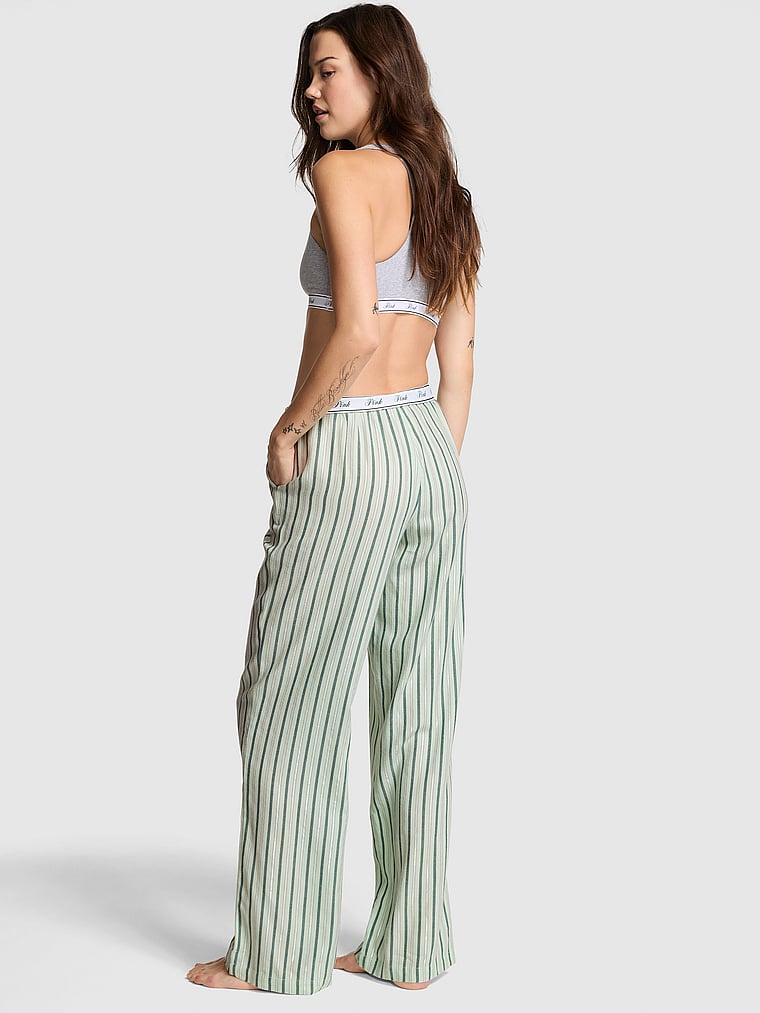 PINK Flannel Pajama Pants, Deep Forest/mint Stripes, onModelBack, 2 of 2 Sofia is 5'10" or 178cm and wears Small