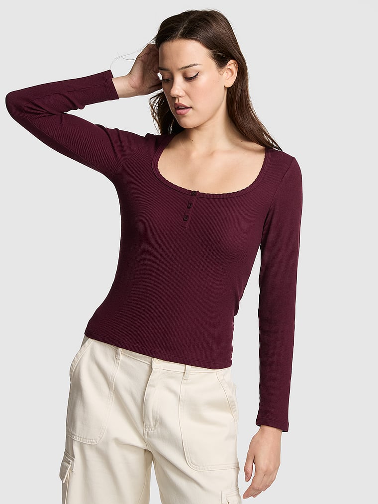 PINK Thermal Henley Pajama Top, onModelFront, 1 of 3