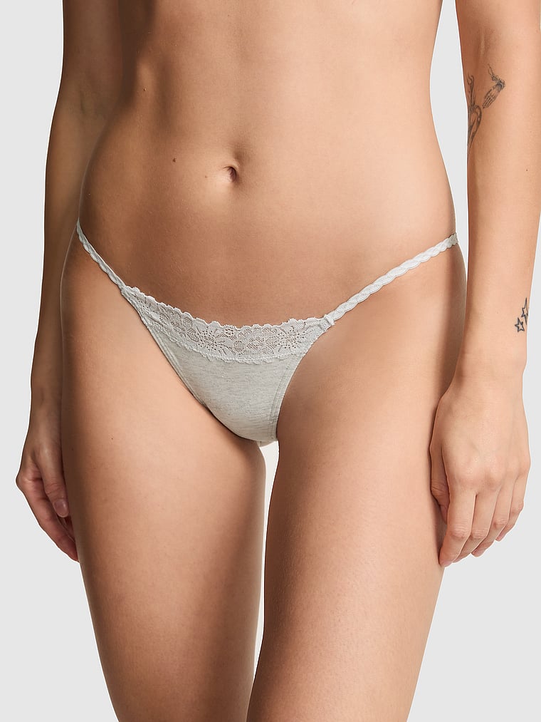 PINK Cotton Lace-Trim Micro Thong Panty, Snow Heather with Lucky Stars Lace, onModelFront, 1 of 2 Sofia is 5'10" or 178cm and wears Small