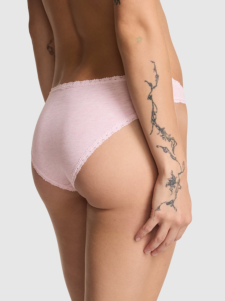 PINK Cotton Lace-Trim Low-Rise Cheeky Panty, Pink Petal Heather with Pink Frosting Lace, onModelBack, 2 of 3 Sofia is 5'10" or 178cm and wears Small