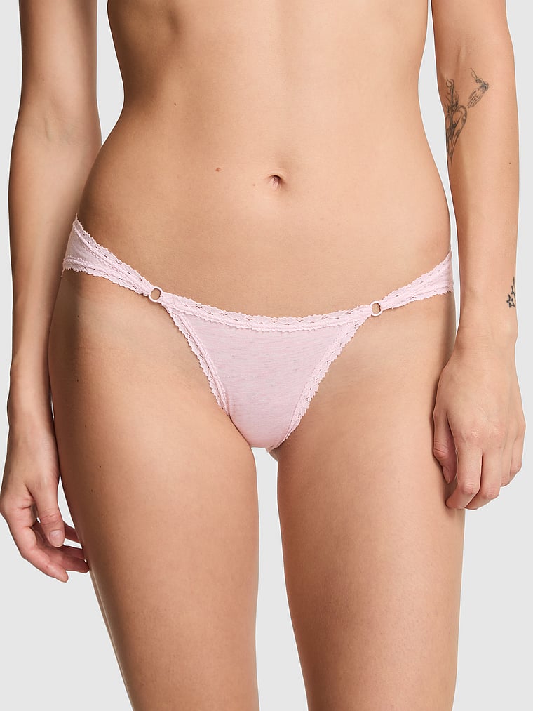 PINK Cotton Lace-Trim Low-Rise Cheeky Panty, Pink Petal Heather with Pink Frosting Lace, onModelFront, 1 of 3 Sofia is 5'10" or 178cm and wears Small
