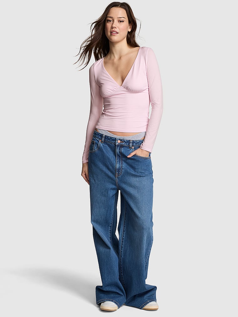 PINK PINK Base Stretch™ Ruched Long-Sleeve Tee, Pink Tulip, onModelFront, 1 of 4 Sofia is 5'10" and wears Small