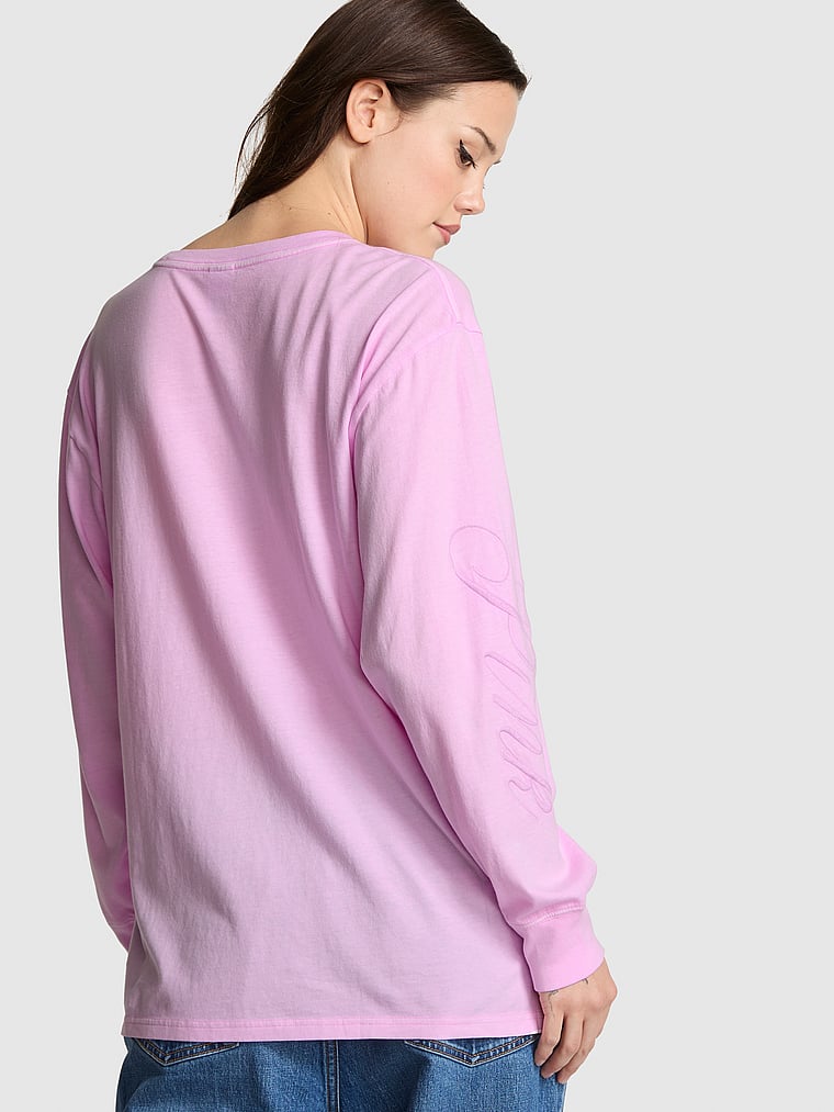 PINK Campus Cotton Long-Sleeve Tee, Hushed Lilac, onModelBack, 2 of 2 Sofia is 5'10" or 178cm and wears Small