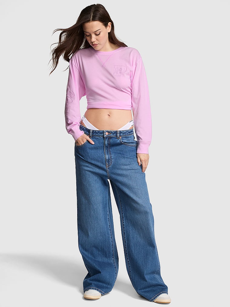 PINK Campus Cotton Long-Sleeve Tee, Hushed Lilac, onModelFront, 1 of 2 Sofia is 5'10" or 178cm and wears Small