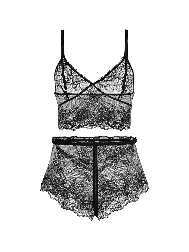 Victoria's Secret, Very Sexy Rose Lace Cami & Shorts Set, Black, offModelFront, 3 of 3