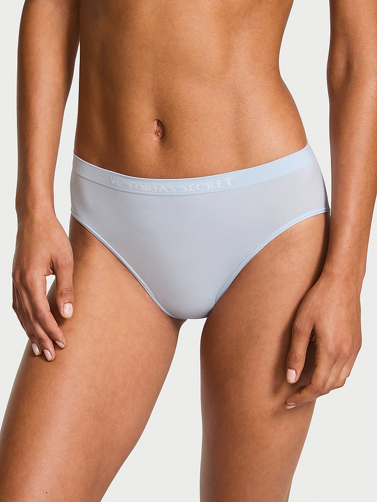 Victoria's Secret, Seamless Seamless High-Leg Brief Panty, Palest Blue, onModelFront, 1 of 3 Nikita  is 5'10" or 178cm and wears Small