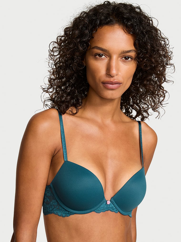 Victoria's Secret, Dream Angels Wisteria Embroidery Push-Up Bra, Teal Haze, onModelFront, 1 of 4 Nikita is 5'10" and wears 34B or Small