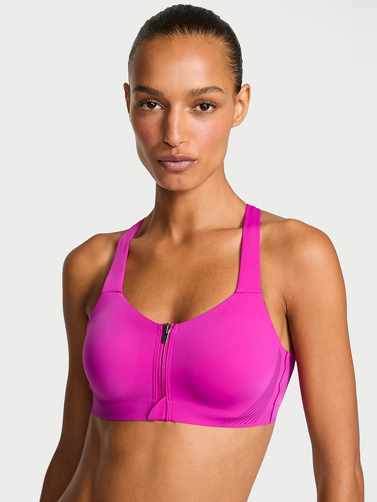 Victoria's Secret, VSX VSX Knockout™ Front-Close Sports Bra, Berrylicious, onModelFront, 2 of 6 Nikita  is 5'10" and wears 34B or Small
