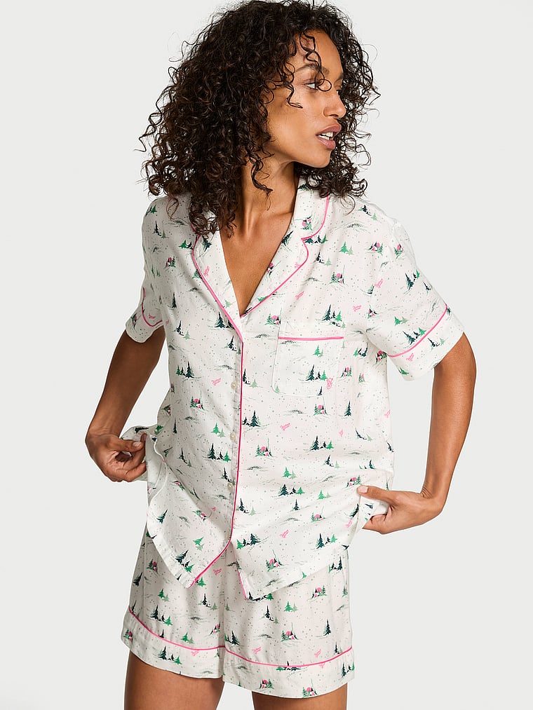 Victoria's Secret, Victoria's Secret Flannel Short Pajama Set, Coconut White/Rose Garden Whimsy Forest Scene, onModelFront, 1 of 3 Nikita is 5'10" or 178cm and wears S/Long