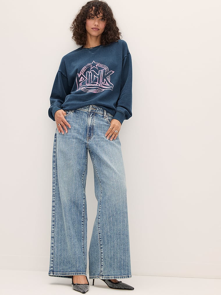 PINK Denim by PINK Mid-Rise Baggy Wide-Leg Jeans, Diamante medium wash, onModelSide, 3 of 5