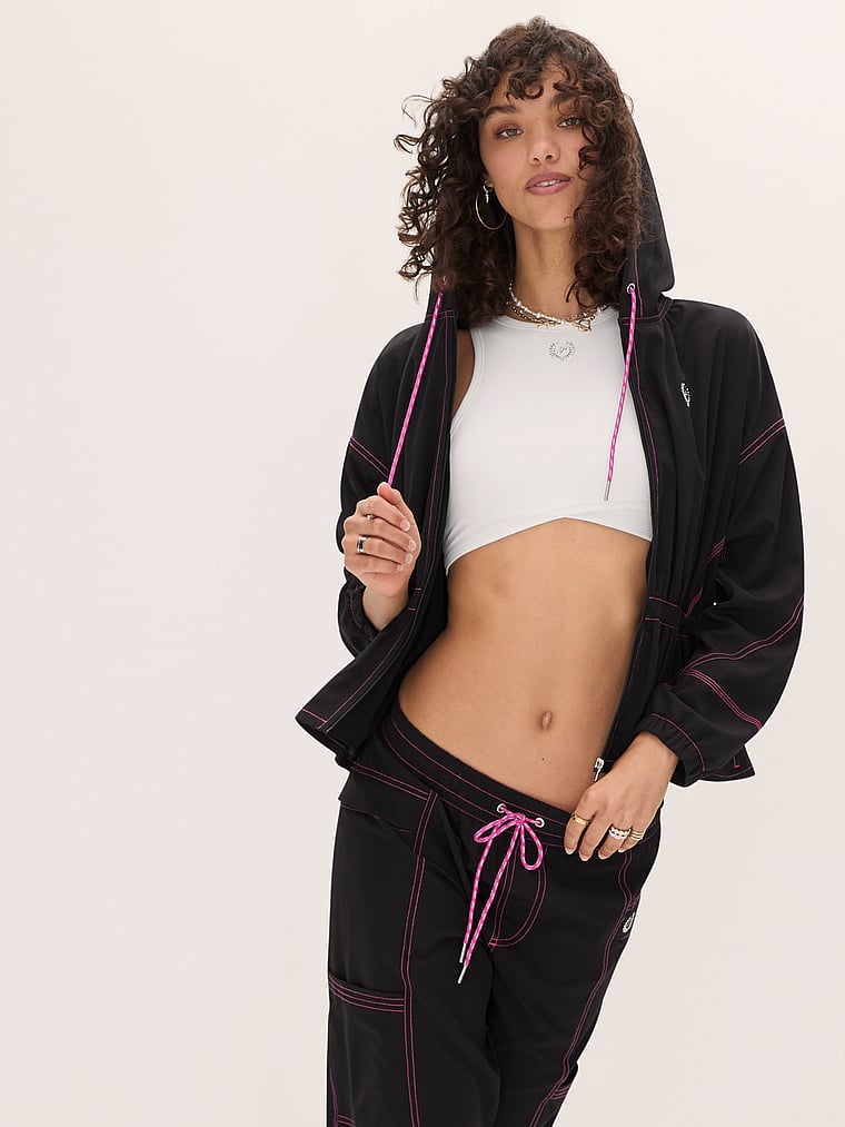 PINK Tech Woven Seamed Wide-Leg Pants, Pure Black, onModelSide, 3 of 5 Rae is 5'10" and wears Small