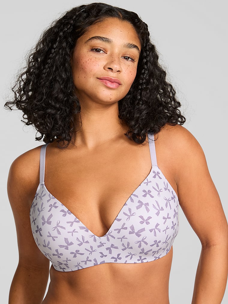 PINK Wear Everywhere Wear Everywhere Push-Up Wireless Bra, Purple Whisper Lace Bow Print, onModelFront, 1 of 2