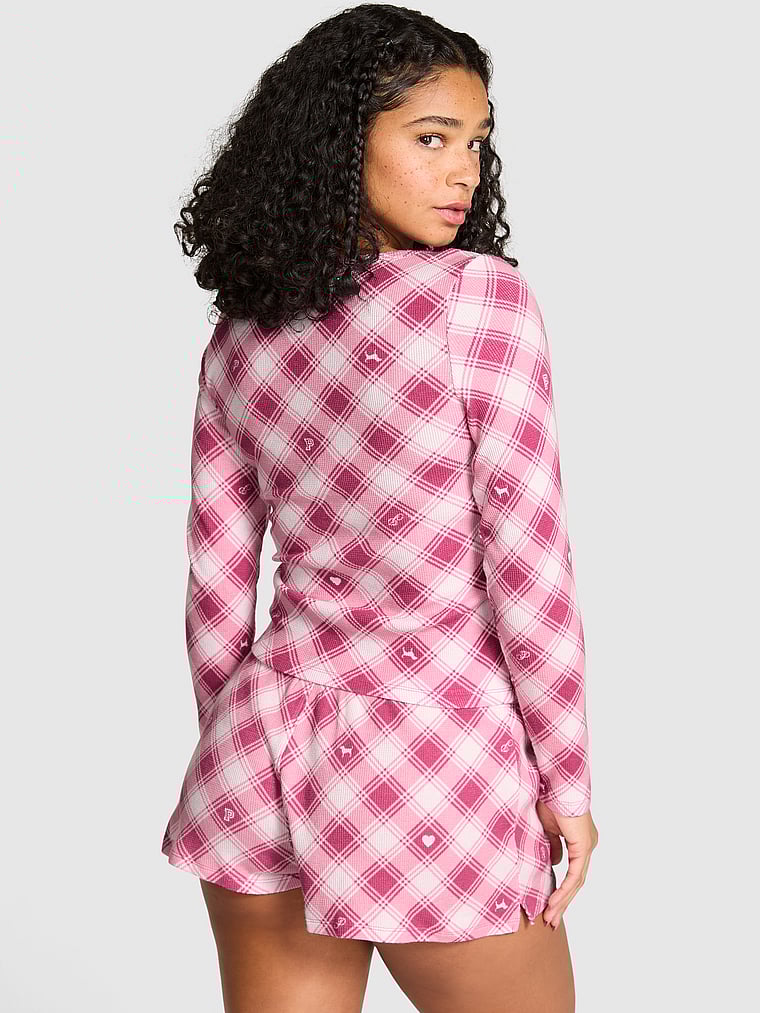 PINK Thermal Henley Pajama Top, Red Violet Plaid, onModelBack, 2 of 3