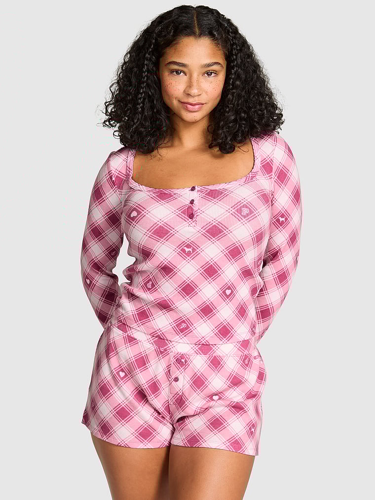 PINK Thermal Henley Pajama Top, Red Violet Plaid, onModelFront, 1 of 3