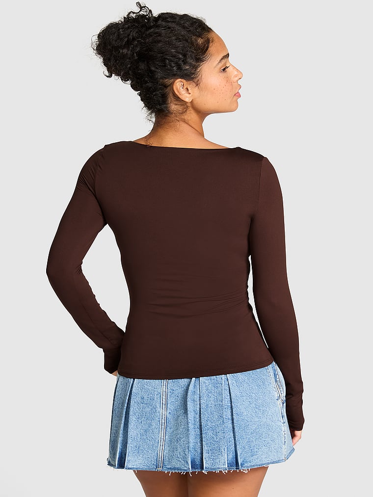 PINK Base Stretch Ruched Long-Sleeve Tee, Ganache, onModelBack, 2 of 3