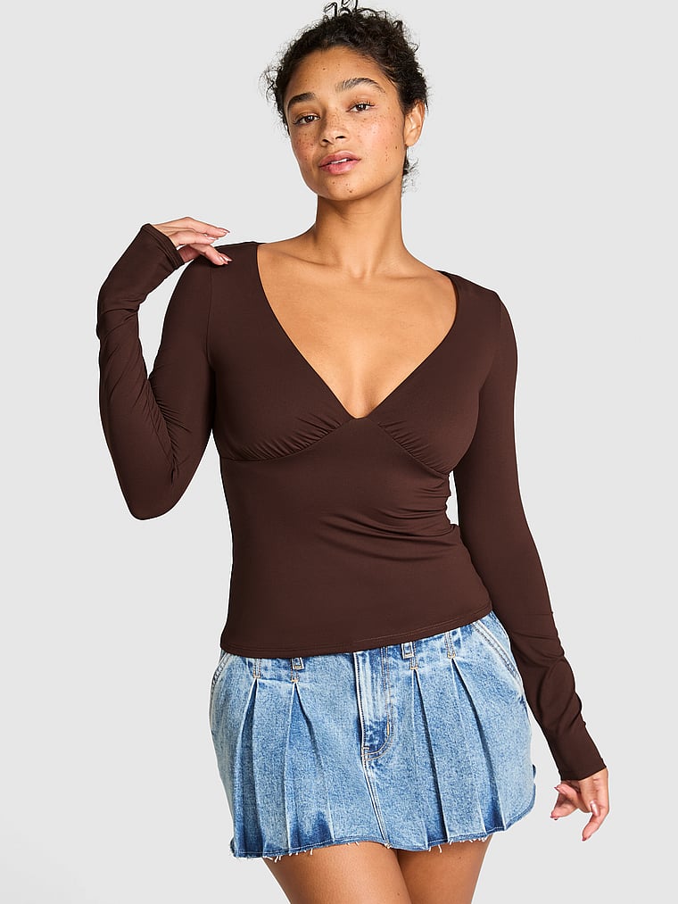 PINK Base Stretch Ruched Long-Sleeve Tee, Ganache, onModelFront, 1 of 3