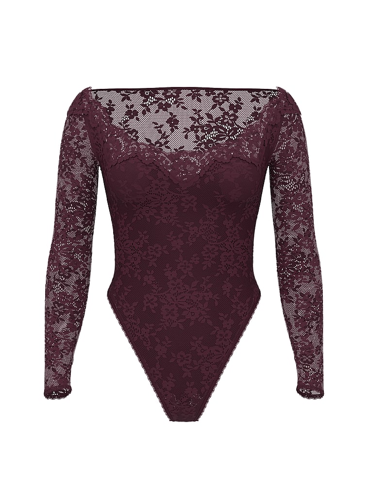 Victoria's Secret, Dream Angels Lace Long-Sleeve Bodysuit, Winter Wine, offModelFront, 5 of 5