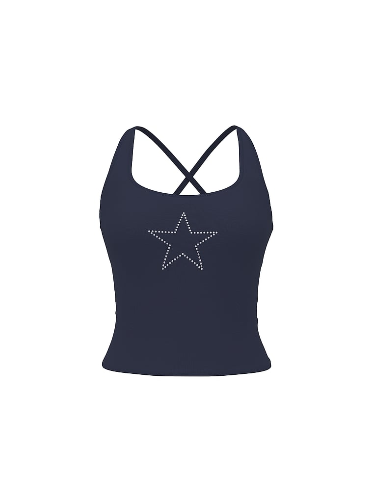 PINK All-Day Cotton Square-Neck Bra Tank, Noir Navy Wash Bling Rocker Capsule, offModelFront, 5 of 5
