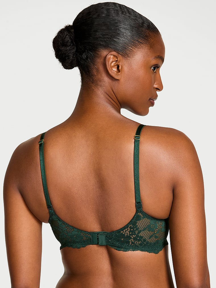 Victoria's Secret, Dream Angels Wicked Twinkle Lace Unlined Balconette Bra, Cilantro, onModelBack, 2 of 4 Tsheca  is 5'9" or 175cm and wears 34B or Small