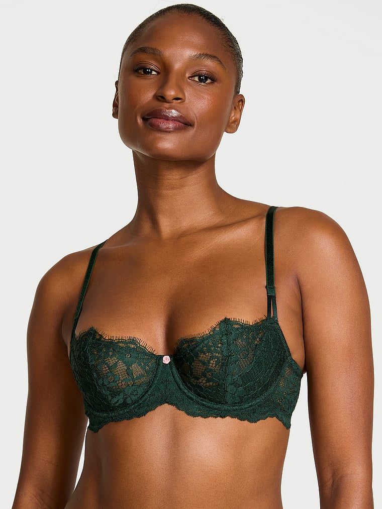 Victoria's Secret, Dream Angels Wicked Twinkle Lace Unlined Balconette Bra, Cilantro, onModelFront, 1 of 4 Tsheca  is 5'9" or 175cm and wears 34B or Small