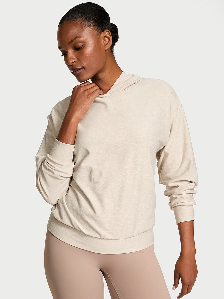 Victoria's Secret, VSX VSX LUXMarl™ Hoodie, Heather Soft Beige, onModelFront, 1 of 4 Tsheca  is 5'9" and wears Small
