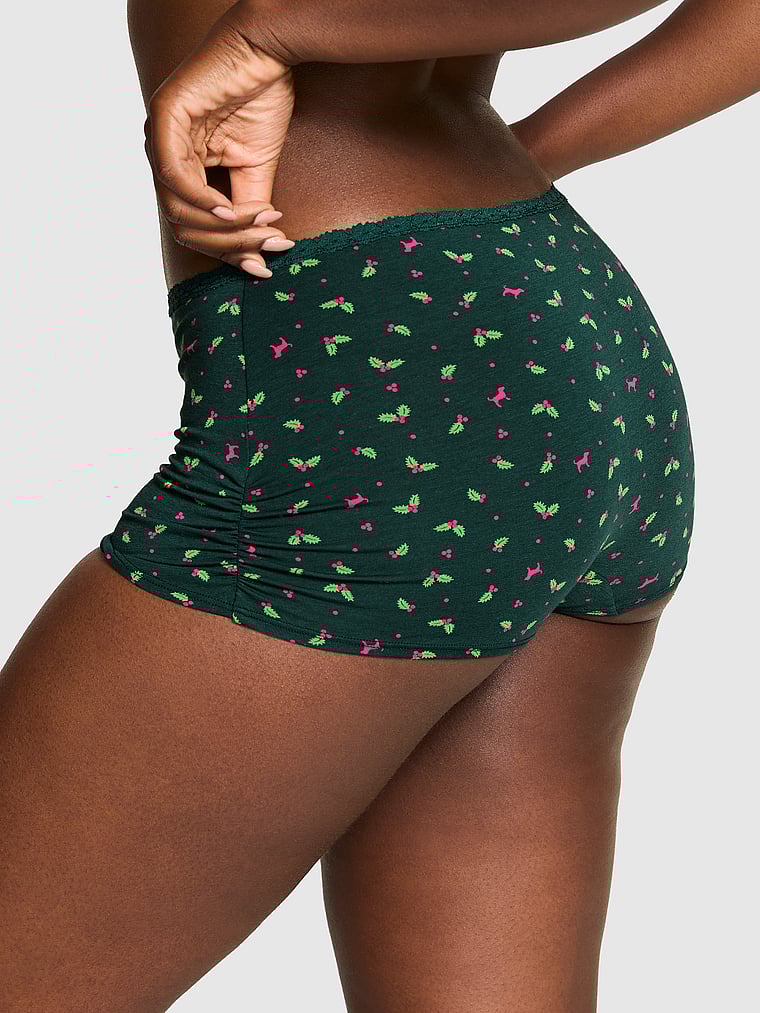 PINK Cotton Dorm Boyshort Panty, Deep Forest Holly Print with Deep Forest Lace, onModelBack, 2 of 3 Fanta is 5'11" and wears Large