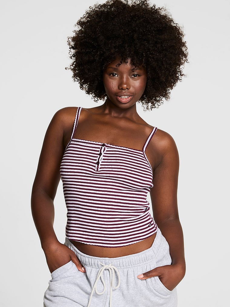 PINK Pointelle Henley Cami, Wild rose stripes, onModelFront, 1 of 3