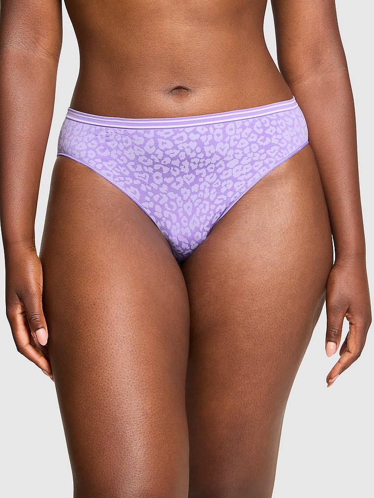 PINK Seamless Bikini Panty, Wisteria Purple Leo Print, onModelFront, 1 of 3 Fanta is 5'11" and wears Large