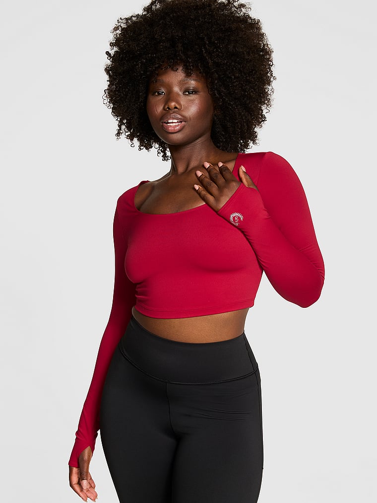 PINK Relay Scoop Long-Sleeve Top, Red Lacquer, onModelFront, 2 of 3 Fanta is 5'11" or 180cm and wears Medium