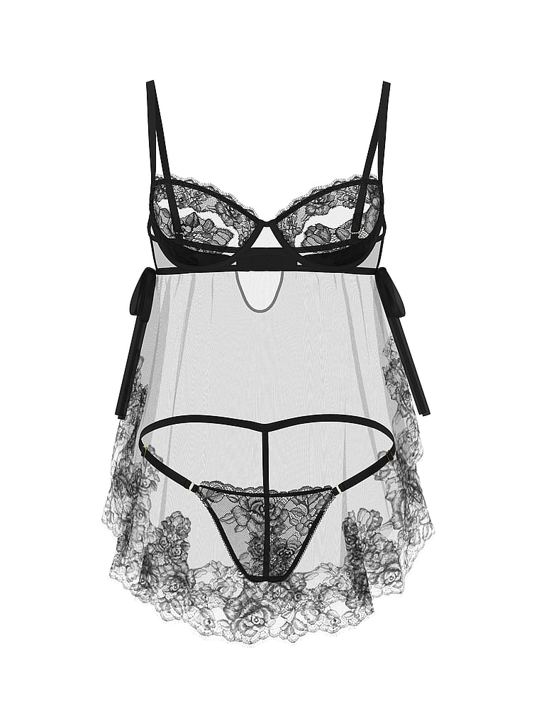 Wicked Sheer Unlined Lace-Trim Babydoll Set