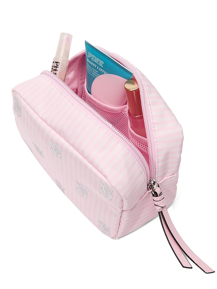 Victoria's Secret, Victoria's Secret Shine Logo Travel Makeup Bag, Heritage Stripe Diamante, detail, 3 of 3