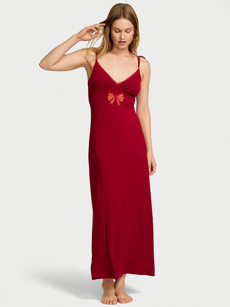Modal Lace-Trim Bow Maxi Slip Dress
