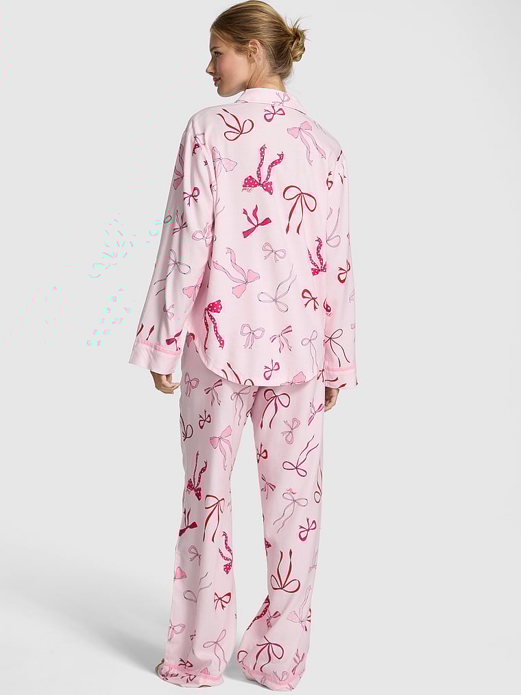 PINK Flannel Long Pajama Set, Pink Tulip Bows, onModelBack, 2 of 2 Mari is 5'7" or 170cm and wears S/Regular